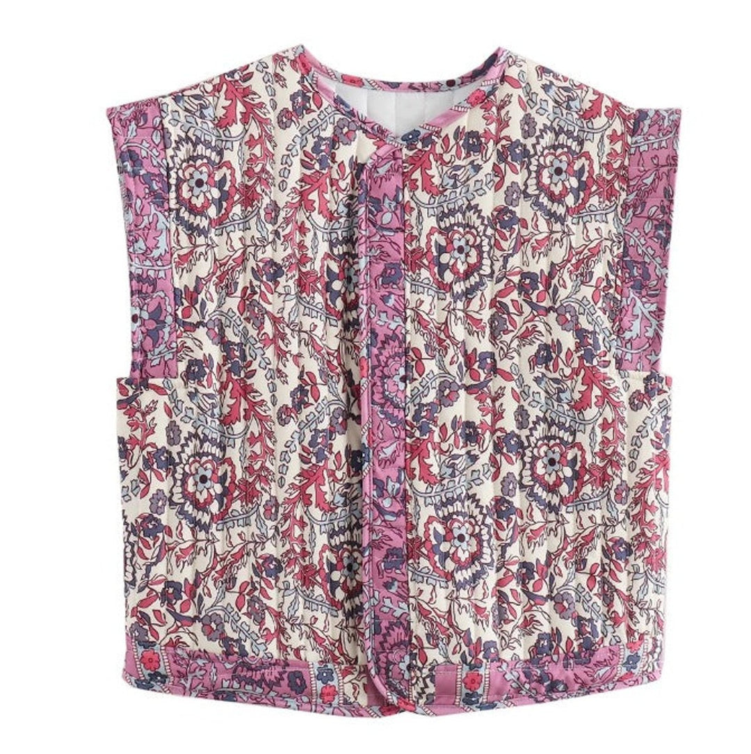 Women's Quilted Floral Vest with Side Pockets for Transitional Seasons 3