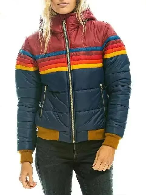 Women's Retro Striped Puffer Jacket Lightweight Insulated Outerwear 0