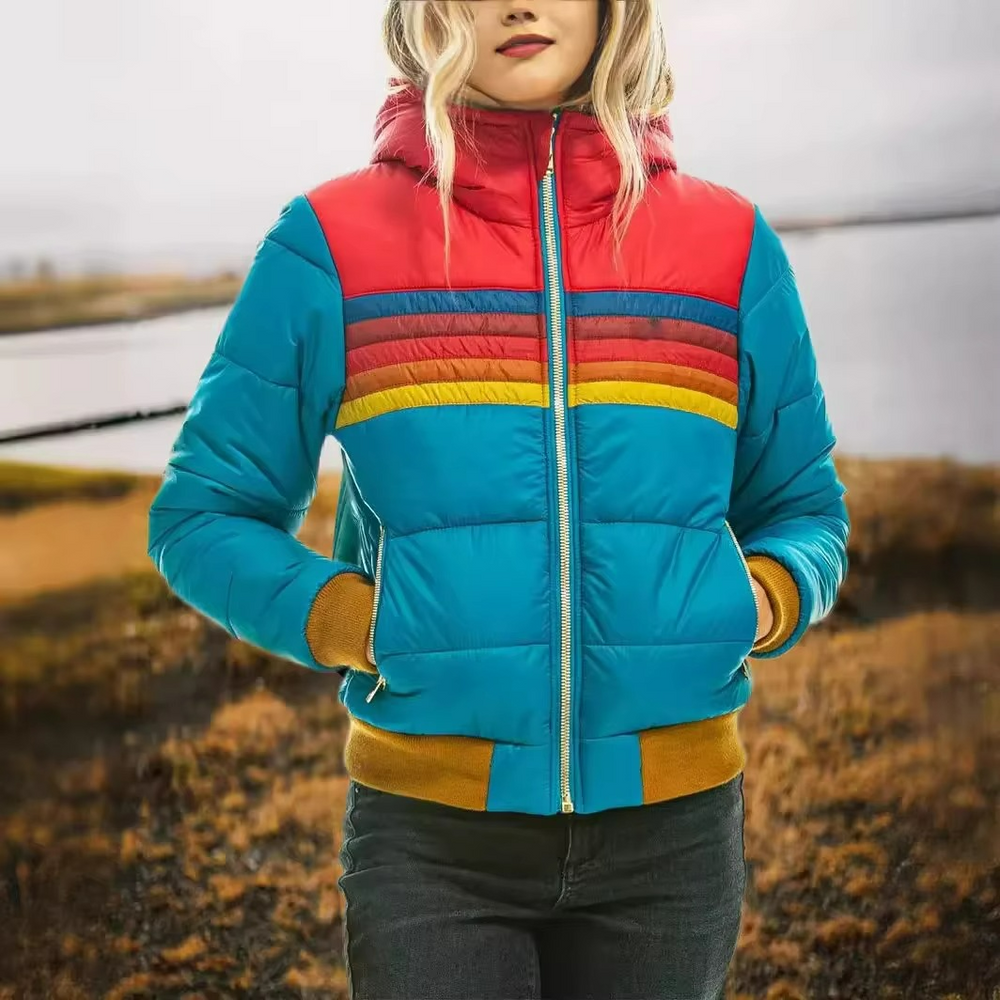 Women's Retro Striped Puffer Jacket Lightweight Insulated Outerwear 1