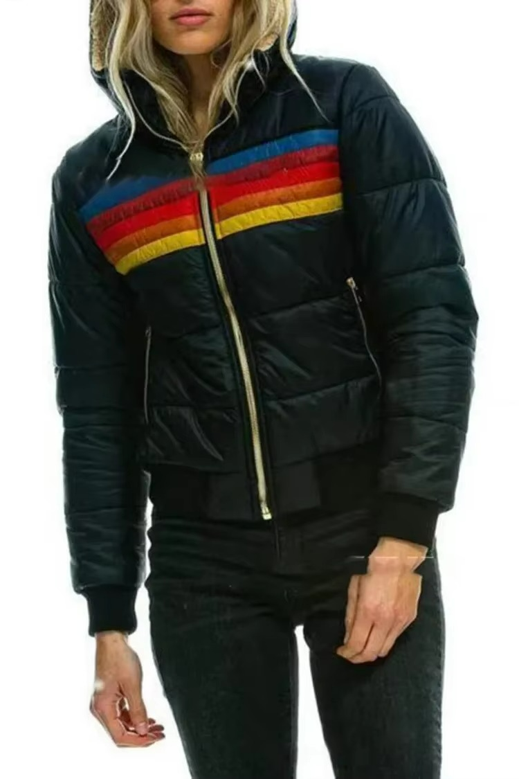 Women's Retro Striped Puffer Jacket Lightweight Insulated Outerwear 2