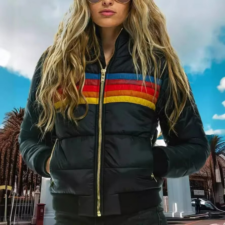 Women's Retro Striped Puffer Jacket Lightweight Insulated Outerwear 4
