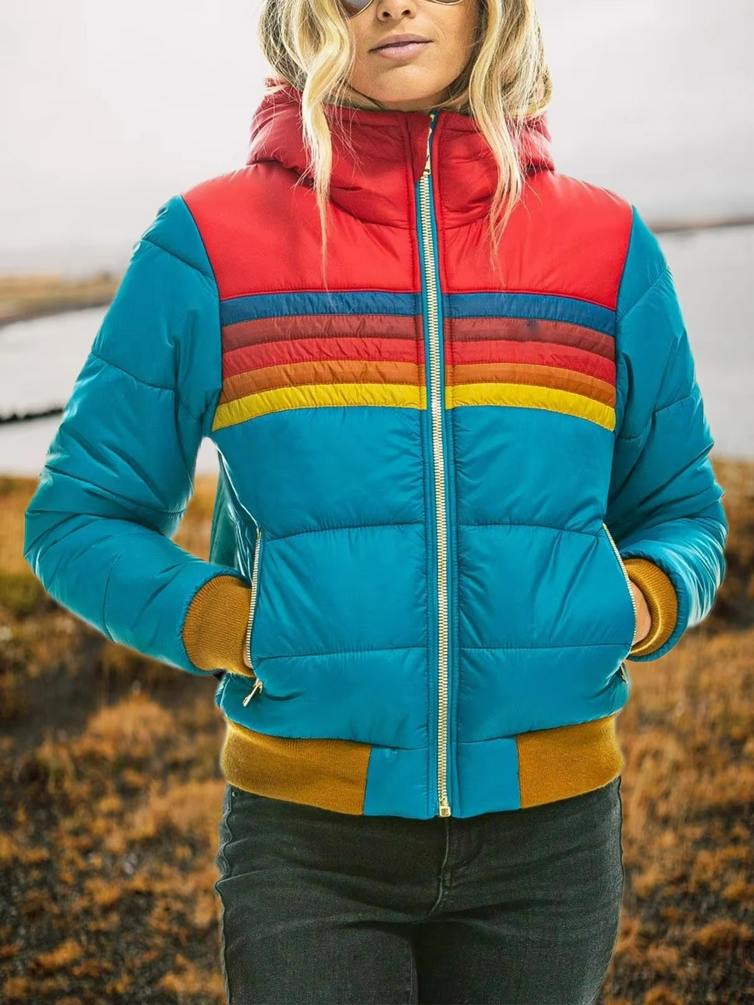 Women's Retro Striped Puffer Jacket Lightweight Insulated Outerwear 5
