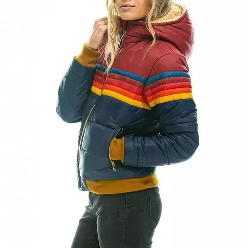 Women's Retro Striped Puffer Jacket Lightweight Insulated Outerwear 6