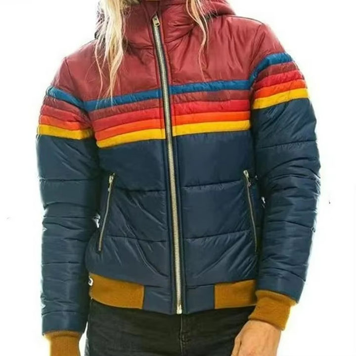 Women's Retro Striped Puffer Jacket Lightweight Insulated Outerwear 7