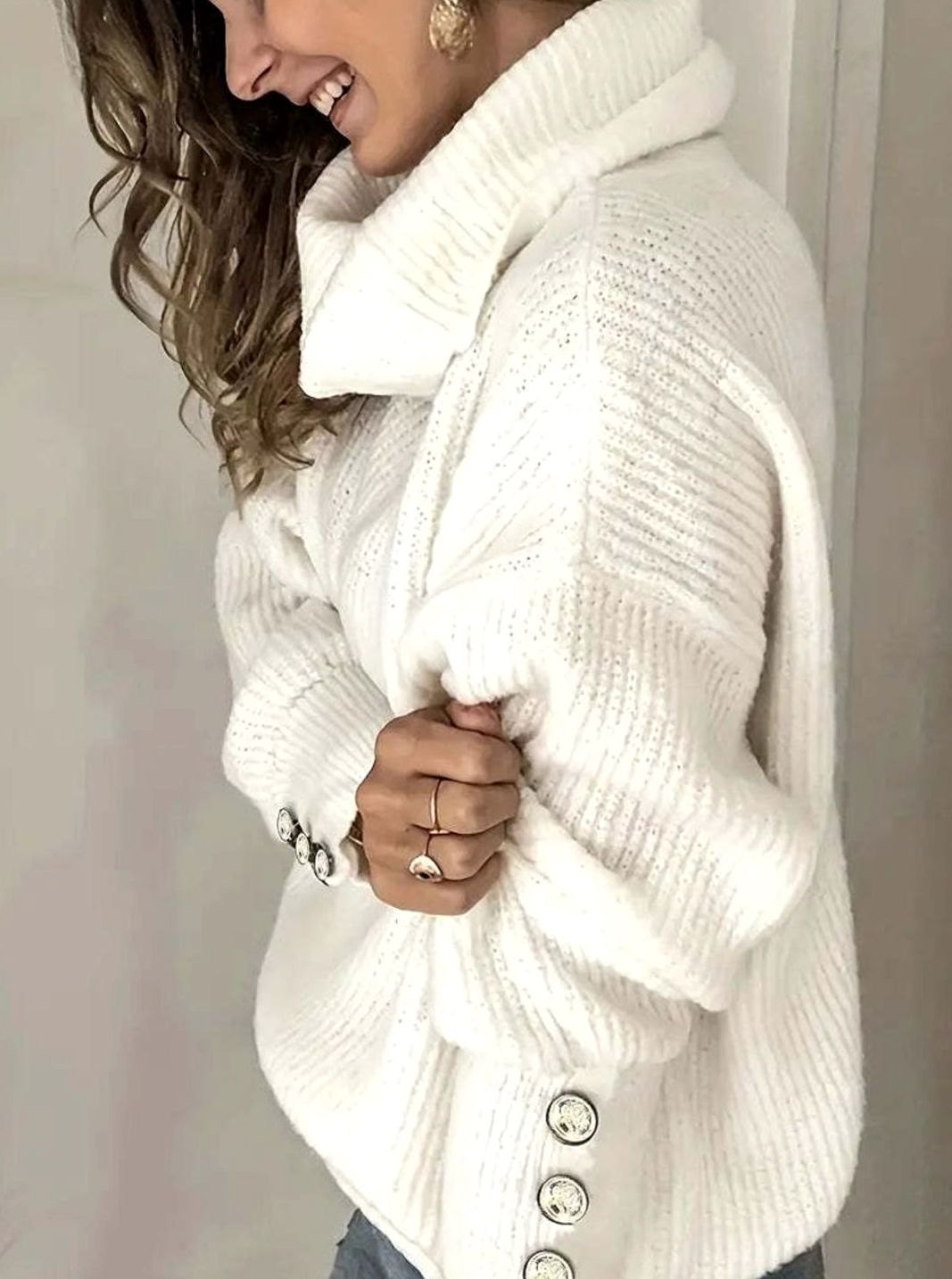 Women's Ribbed Cowl Neck Sweater with Button Cuff Detail - Cozy Knit Jumper for Versatile Winter Style 1