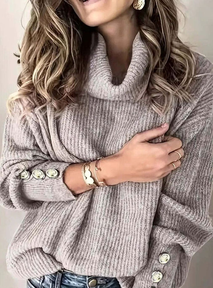 Women's Ribbed Cowl Neck Sweater with Button Cuff Detail - Cozy Knit Jumper for Versatile Winter Style 2