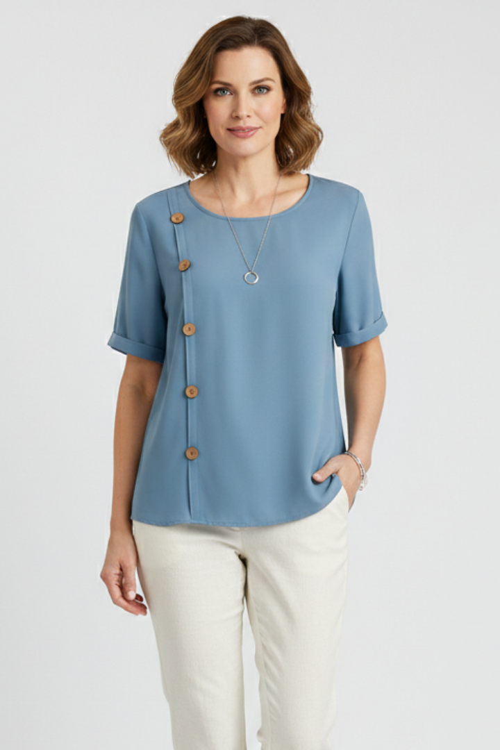 Women’s Round Neck Blouse with Decorative Side Buttons and Short Sleeves 0