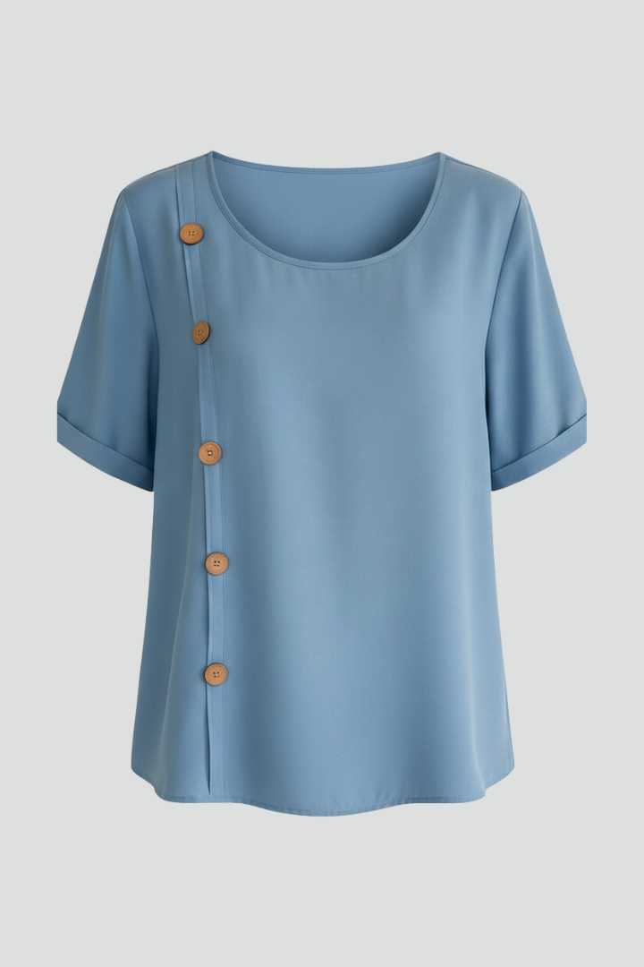 Women’s Round Neck Blouse with Decorative Side Buttons and Short Sleeves 1