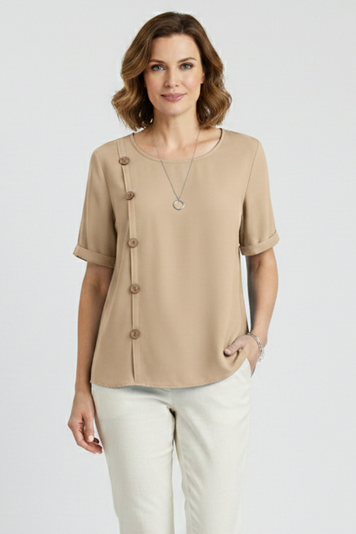 Women’s Round Neck Blouse with Decorative Side Buttons and Short Sleeves 2