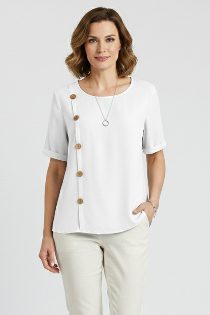 Women’s Round Neck Blouse with Decorative Side Buttons and Short Sleeves 3