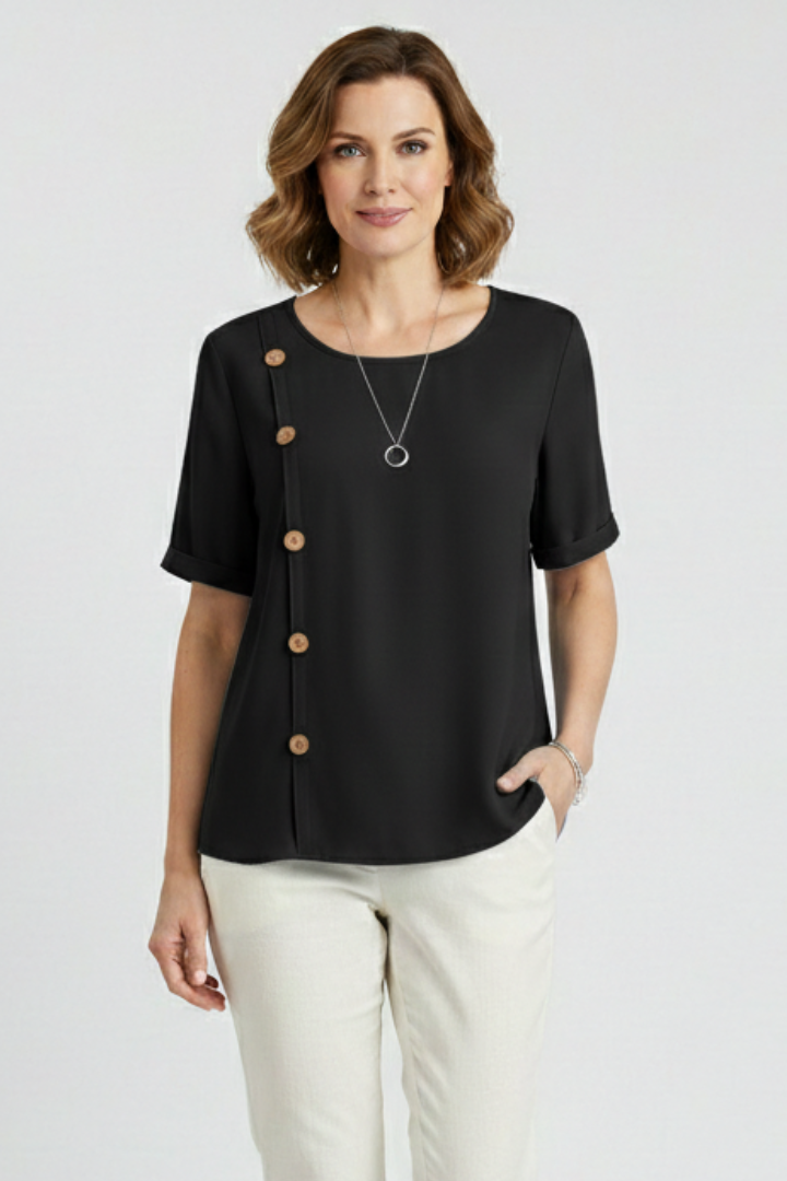 Women’s Round Neck Blouse with Decorative Side Buttons and Short Sleeves 4