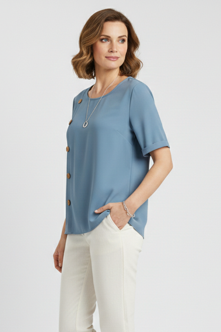 Women’s Round Neck Blouse with Decorative Side Buttons and Short Sleeves 5
