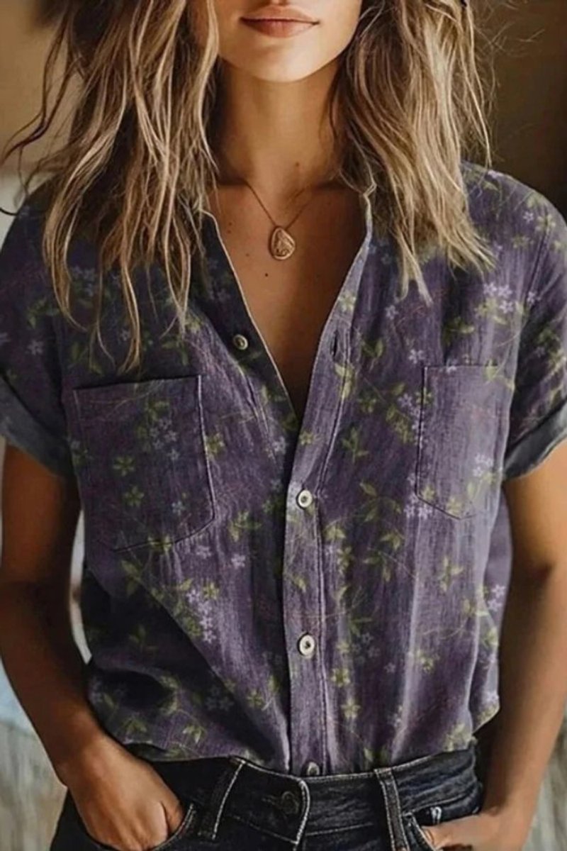 Women's Short Sleeve Blouse with Vintage Floral Pattern Casual and Office Shirt 0