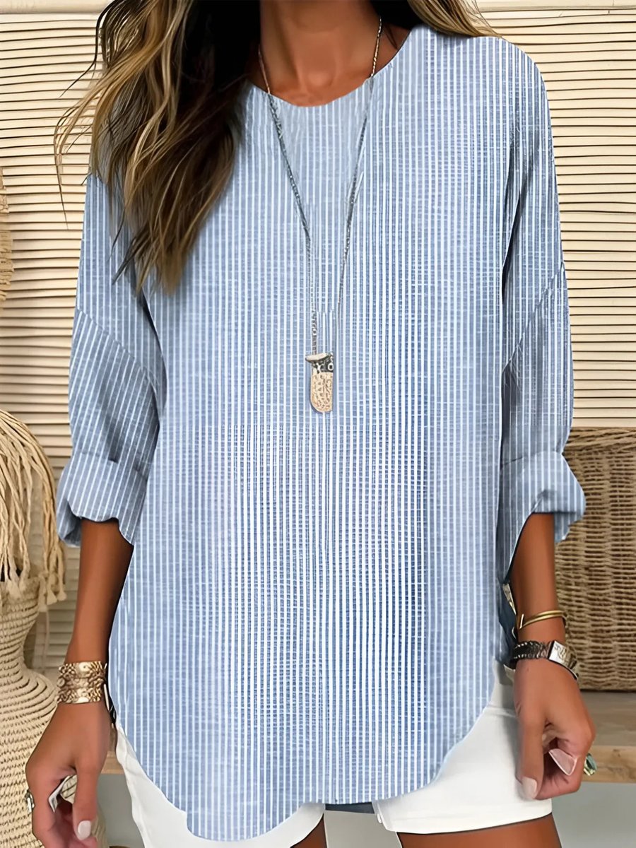 Women's Striped Long Sleeve Blouse with Crew Neck Casual Fit 0