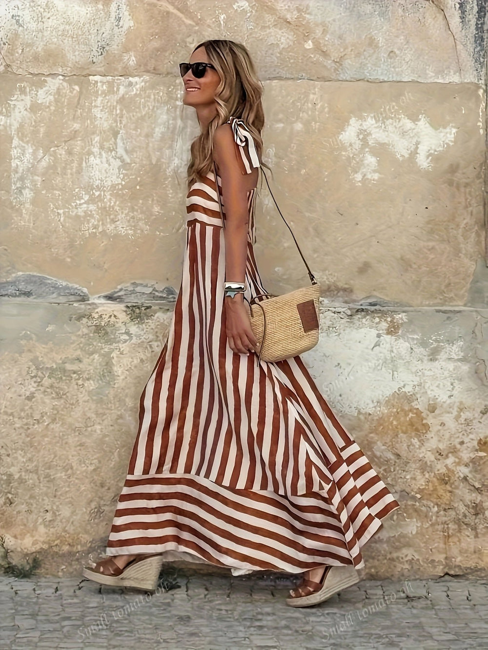 Women's Striped Tie-Strap Flared Maxi Dress Summer Sundress 1