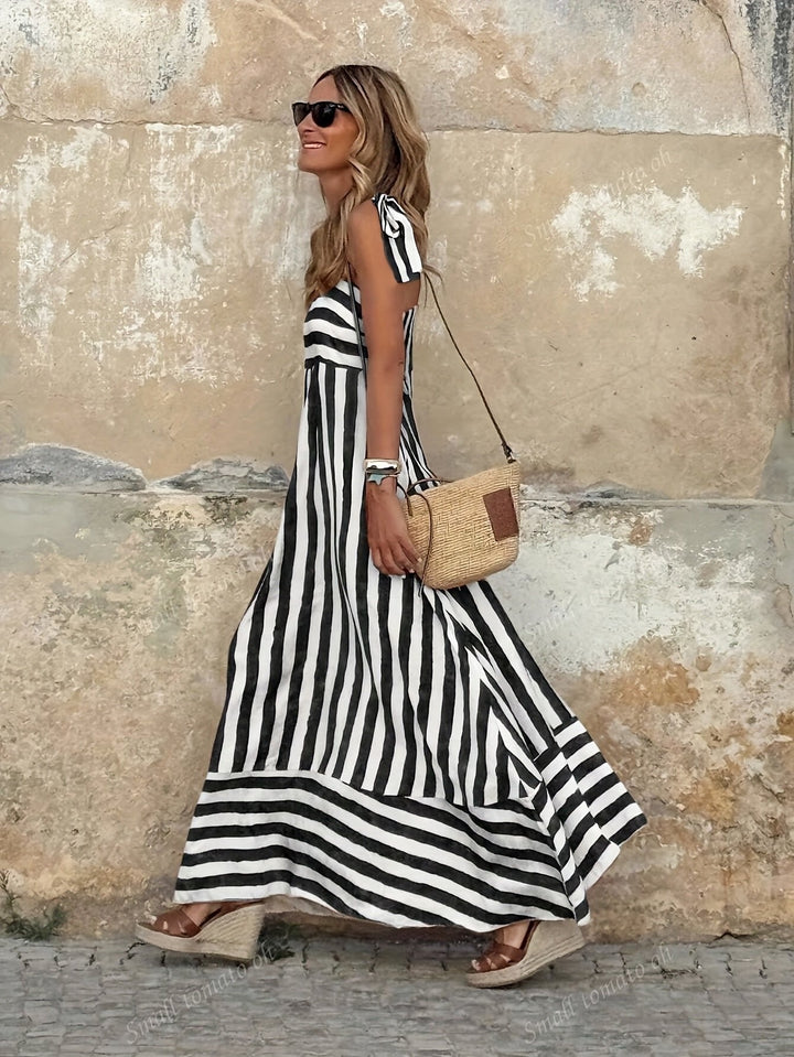 Women's Striped Tie-Strap Flared Maxi Dress Summer Sundress 3