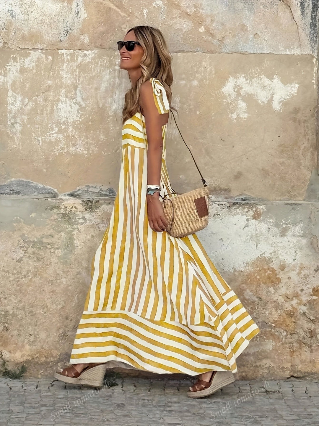 Women's Striped Tie-Strap Flared Maxi Dress Summer Sundress 4