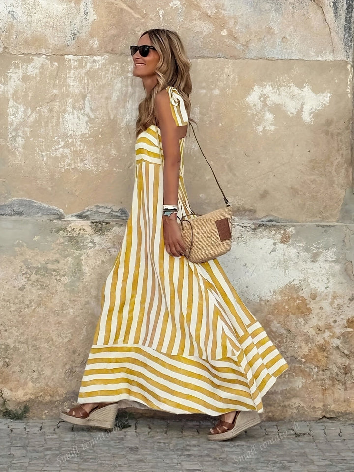 Women's Striped Tie-Strap Flared Maxi Dress Summer Sundress 4