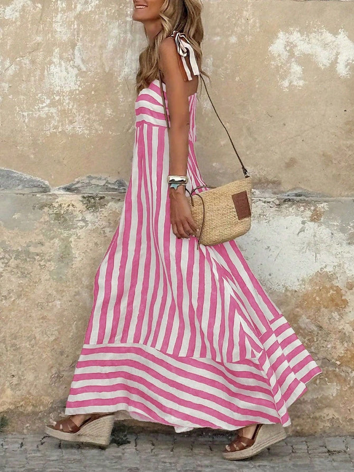 Women's Striped Tie-Strap Flared Maxi Dress Summer Sundress 6