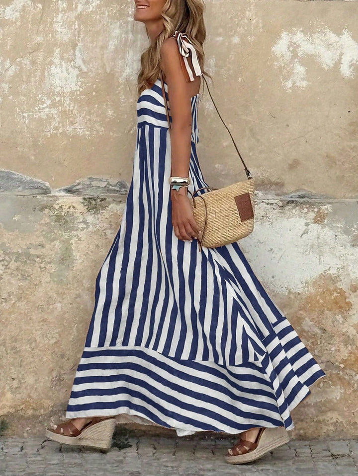 Women's Striped Tie-Strap Flared Maxi Dress Summer Sundress 7