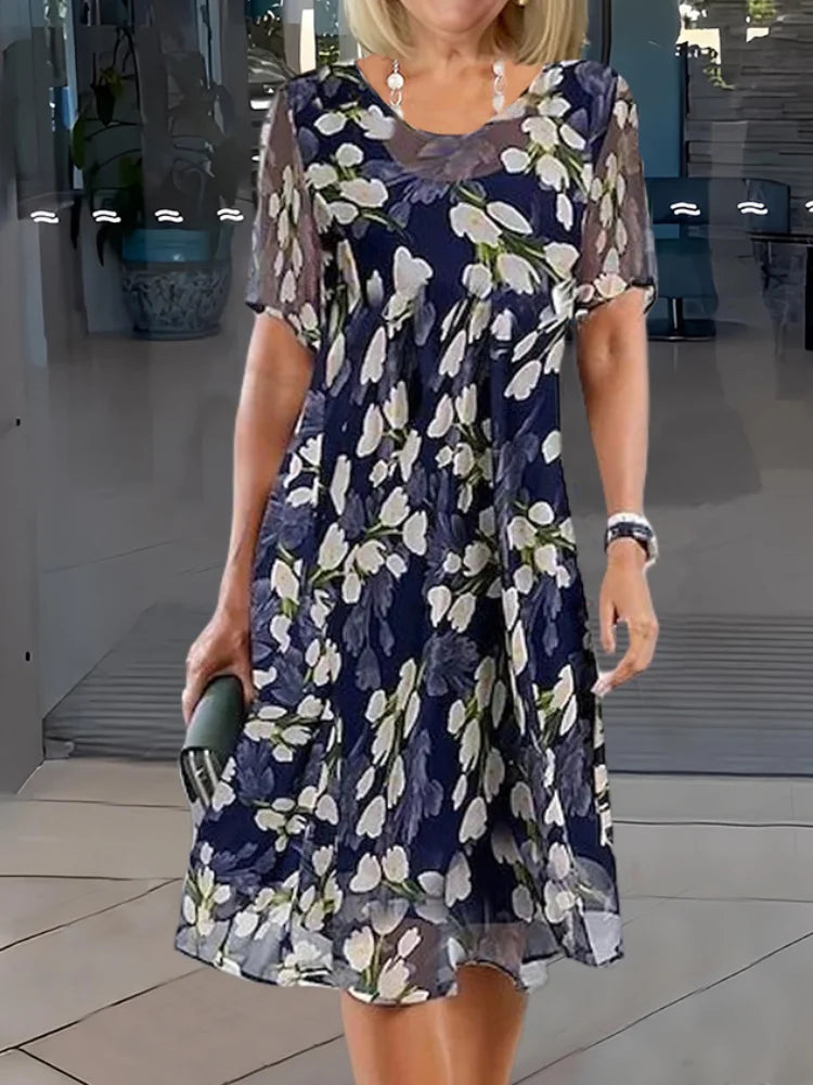 Women's Summer Dress - Elegant Floral Print Double Tunic A-Line Dress for Versatile Styling 0
