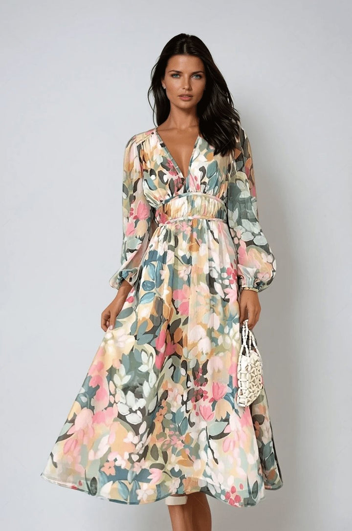 Women's Summer Floral Midi Dress with Puff Sleeves for Cocktail and Formal Events 0