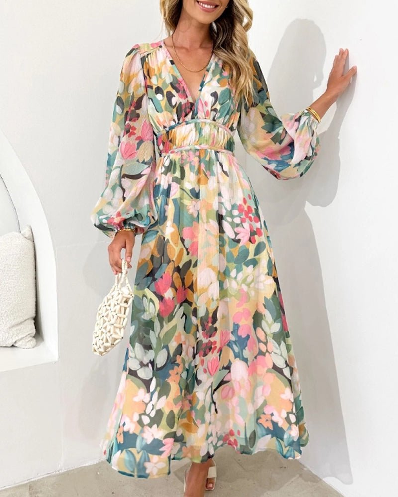 Women's Summer Floral Midi Dress with Puff Sleeves for Cocktail and Formal Events 1