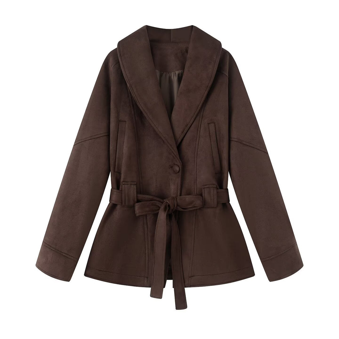Women's Transition Jacket with Waist Belt and Structured Lapel Collar 0