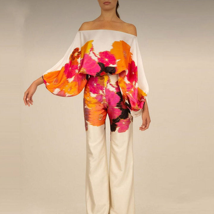 Women's Two-Piece Set with Off-Shoulder Top and Wide-Leg Pants - Elegant Floral Design 1