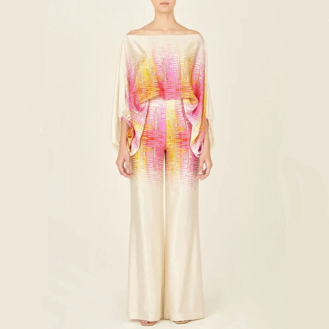 Women's Two-Piece Set with Off-Shoulder Top and Wide-Leg Pants - Elegant Floral Design 4