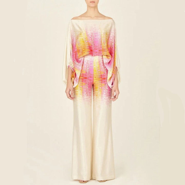 Women's Two-Piece Set with Off-Shoulder Top and Wide-Leg Pants - Elegant Floral Design 4