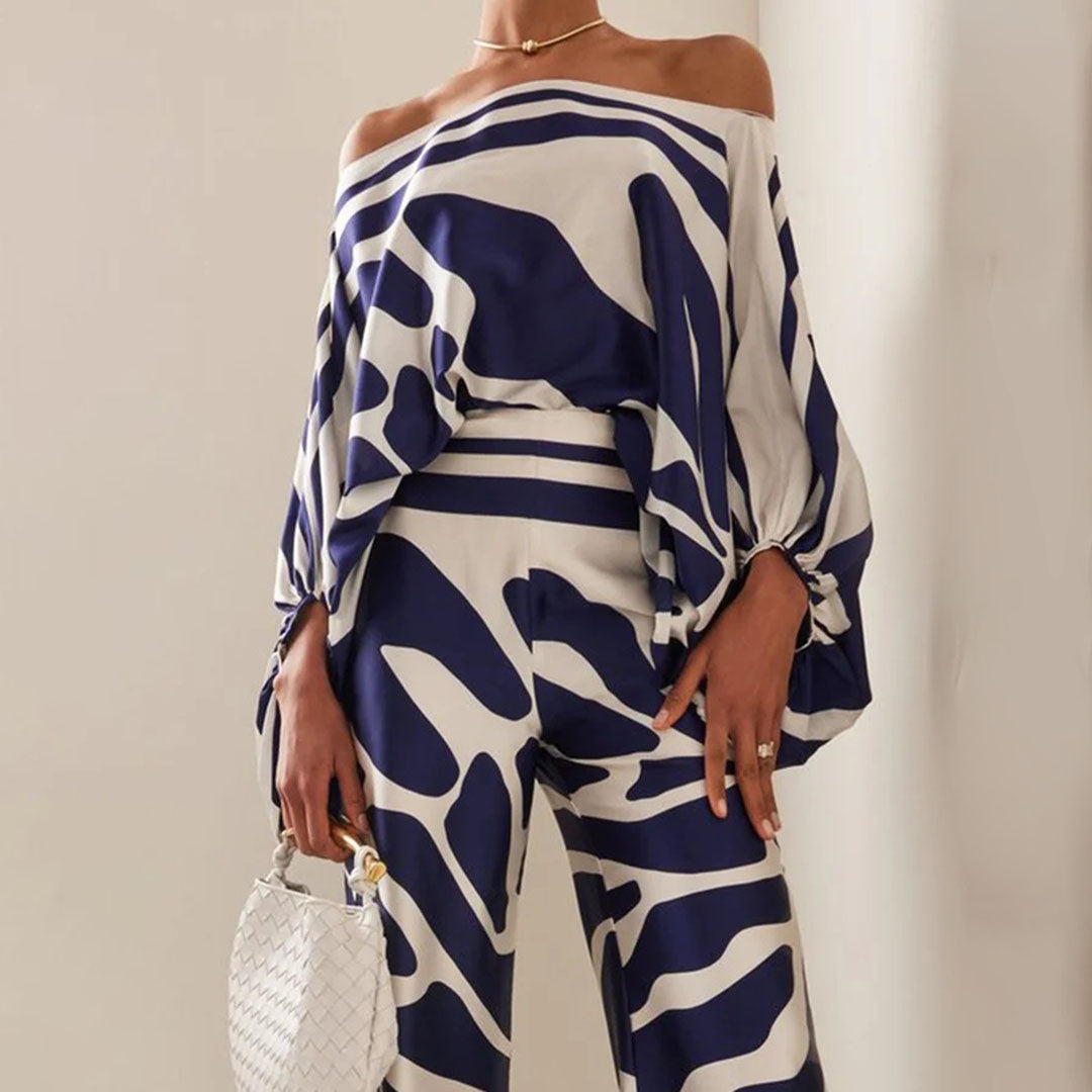 Women's Two-Piece Set with Off-Shoulder Top and Wide-Leg Pants - Elegant Floral Design 7