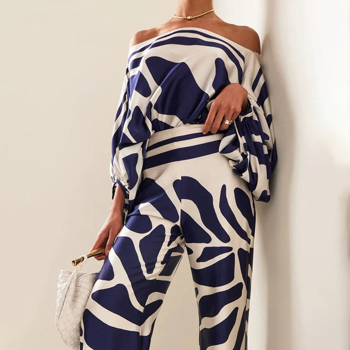 Women's Two-Piece Set with Off-Shoulder Top and Wide-Leg Pants - Elegant Floral Design 8