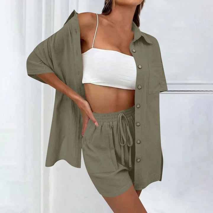 Women's Two Piece Set - Casual Cardigan and Drawstring Shorts Matching Sets for Summer Style 0