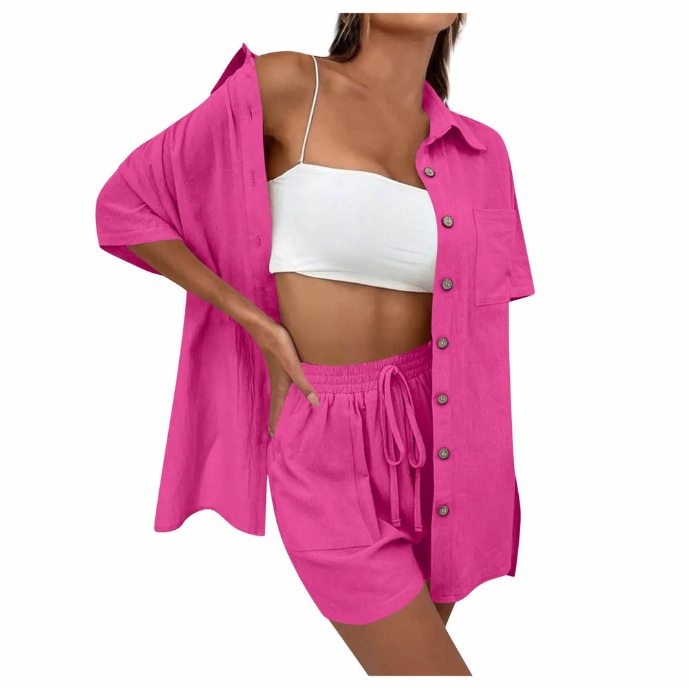 Women's Two Piece Set - Casual Cardigan and Drawstring Shorts Matching Sets for Summer Style 1