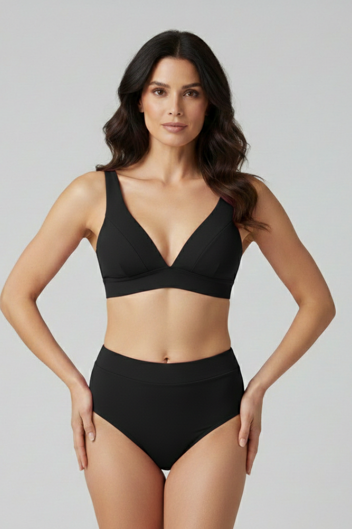 Women’s V-Neck Bikini Set with High Waist Bottoms for Summer 0