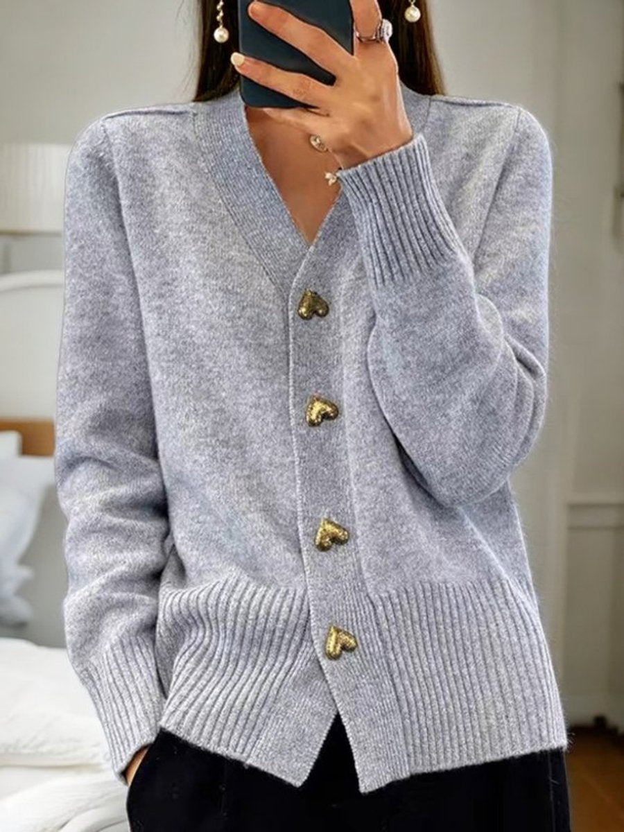 Women's V-Neck Knitted Cardigan with Heart Buttons Relaxed Fit Sweater 1