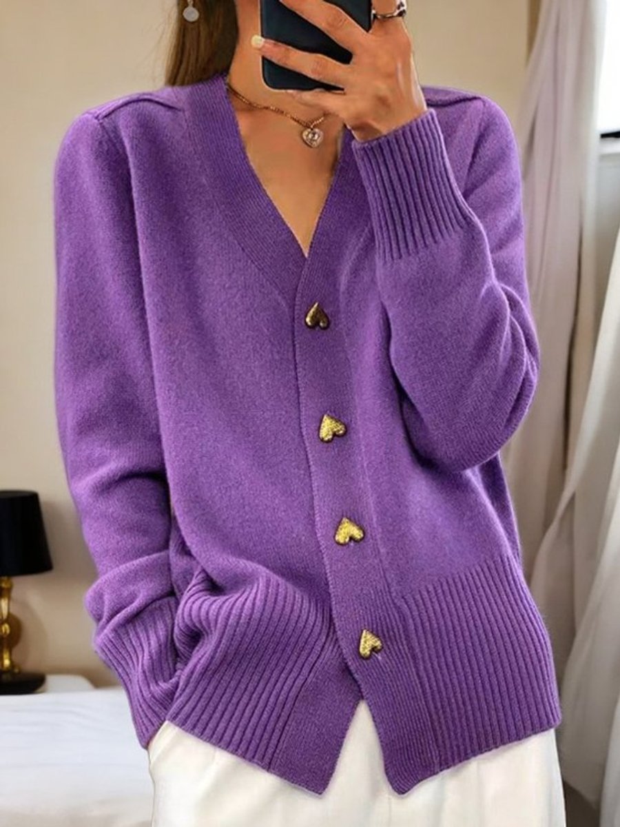 Women's V-Neck Knitted Cardigan with Heart Buttons Relaxed Fit Sweater 2