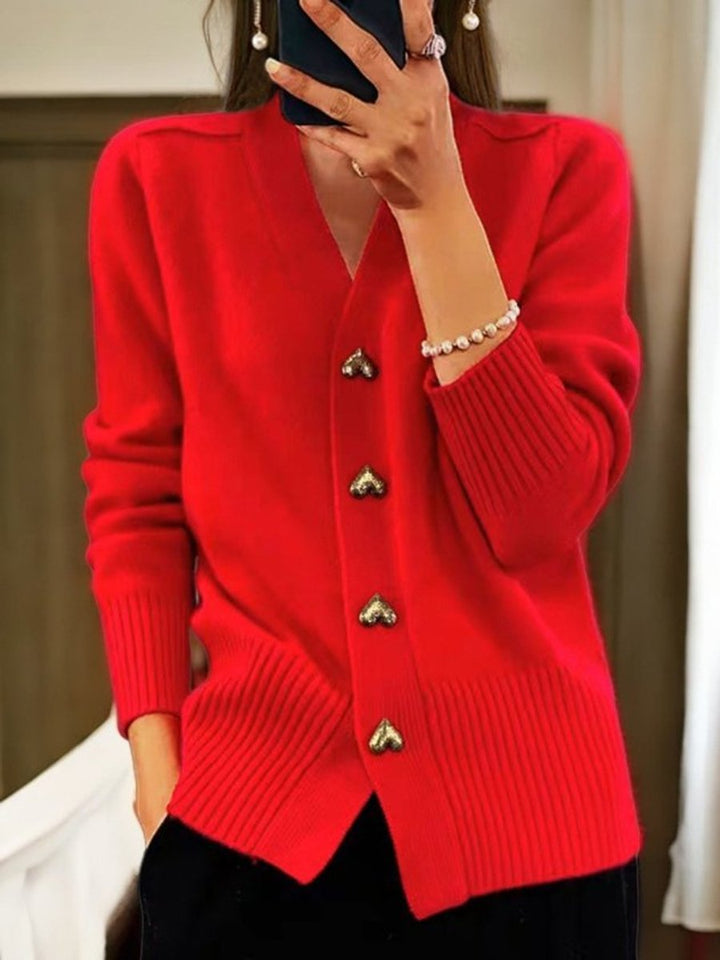 Women's V-Neck Knitted Cardigan with Heart Buttons Relaxed Fit Sweater 3