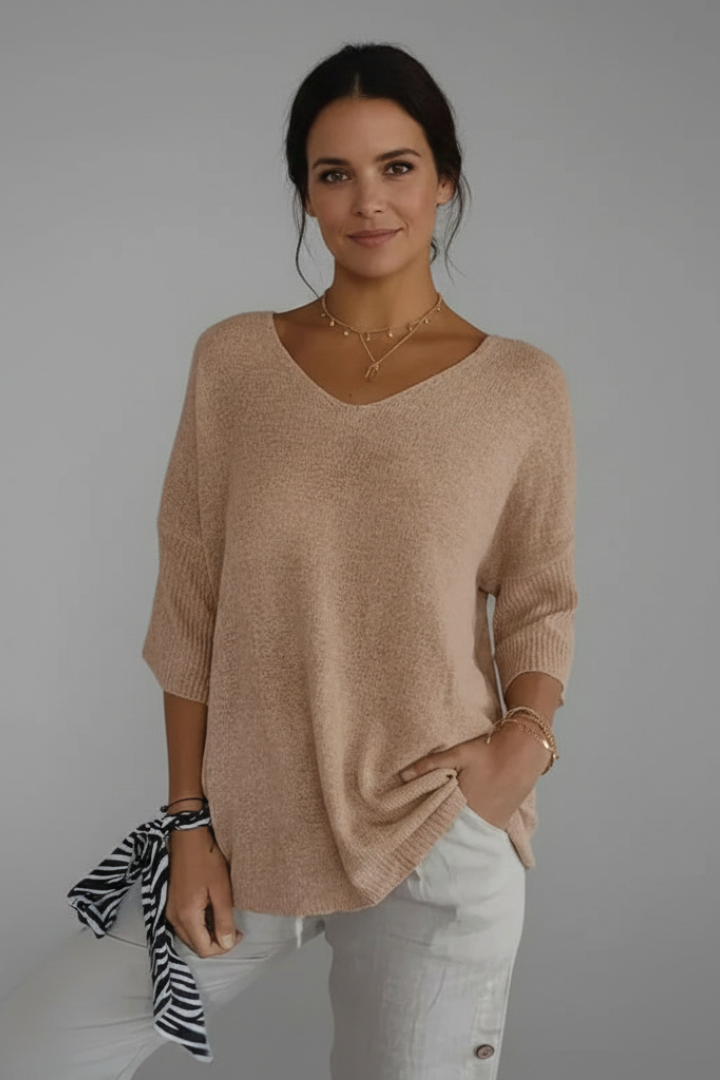 Women’s V-Neck Top with Elbow Sleeves and Loose Fit for Casual Wear 0