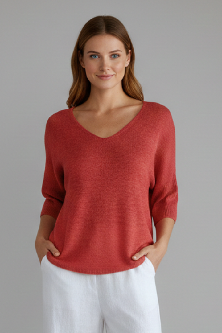 Women’s V-Neck Top with Elbow Sleeves and Loose Fit for Casual Wear 3