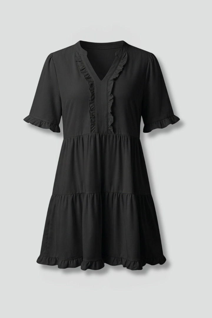 Women’s V Neck Mini Dress with Ruffle Detail and Tiered Skirt 1