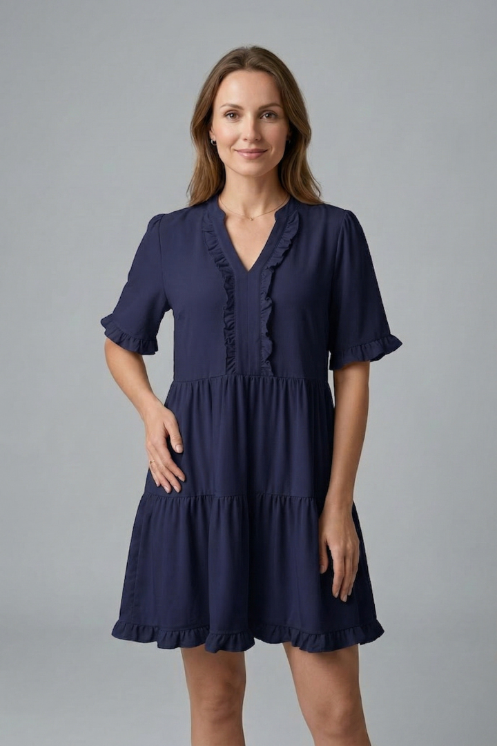 Women’s V Neck Mini Dress with Ruffle Detail and Tiered Skirt 10