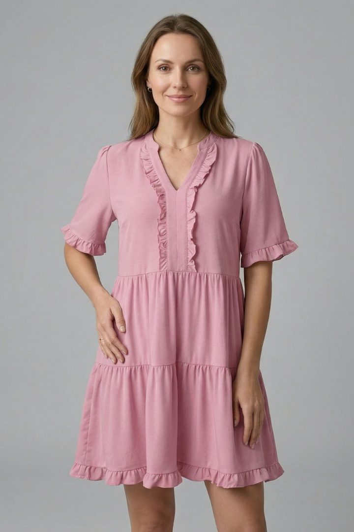 Women’s V Neck Mini Dress with Ruffle Detail and Tiered Skirt 11
