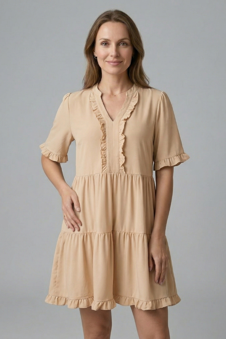 Women’s V Neck Mini Dress with Ruffle Detail and Tiered Skirt 12