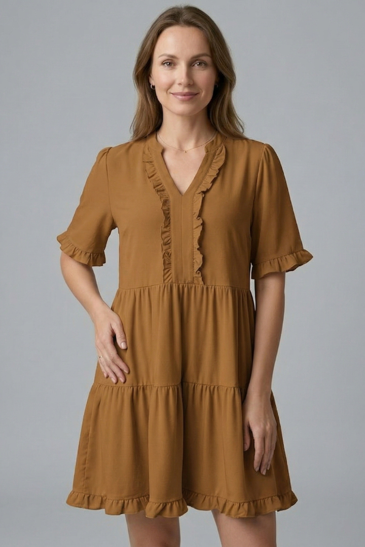 Women’s V Neck Mini Dress with Ruffle Detail and Tiered Skirt 13