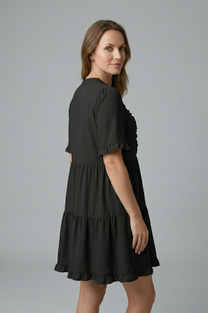 Women’s V Neck Mini Dress with Ruffle Detail and Tiered Skirt 2