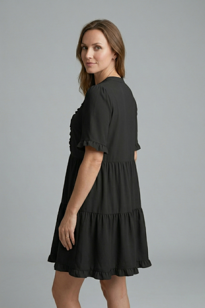 Women’s V Neck Mini Dress with Ruffle Detail and Tiered Skirt 3