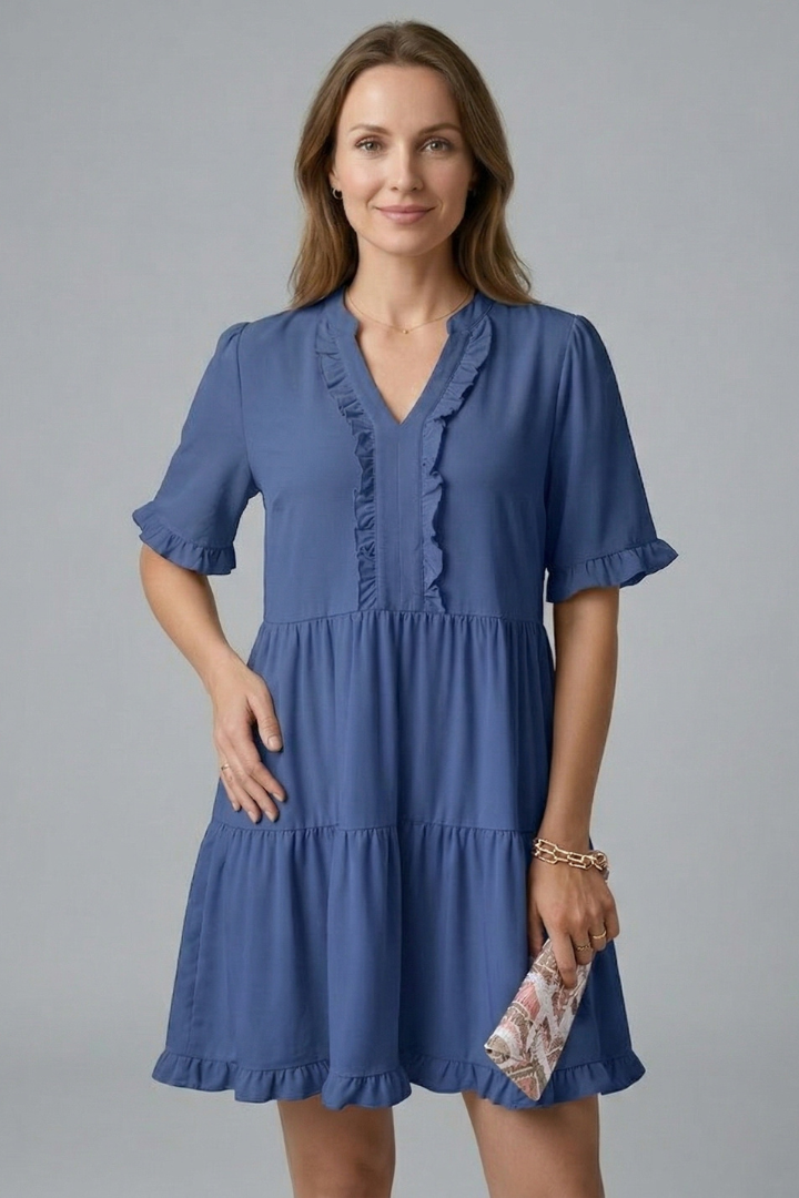 Women’s V Neck Mini Dress with Ruffle Detail and Tiered Skirt 5