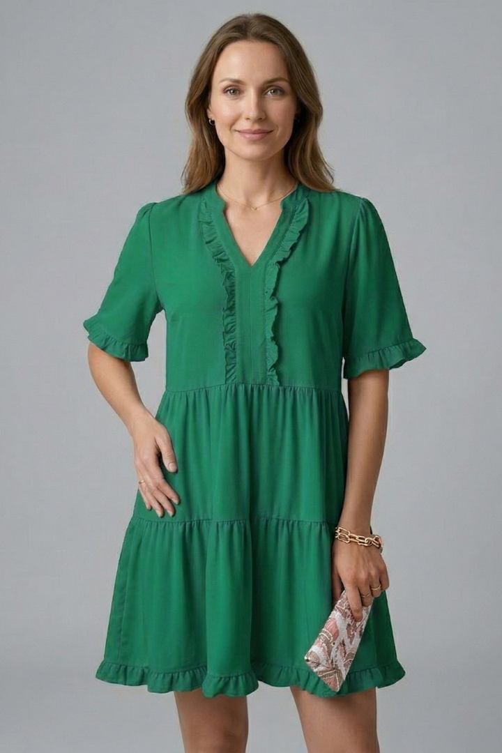 Women’s V Neck Mini Dress with Ruffle Detail and Tiered Skirt 6